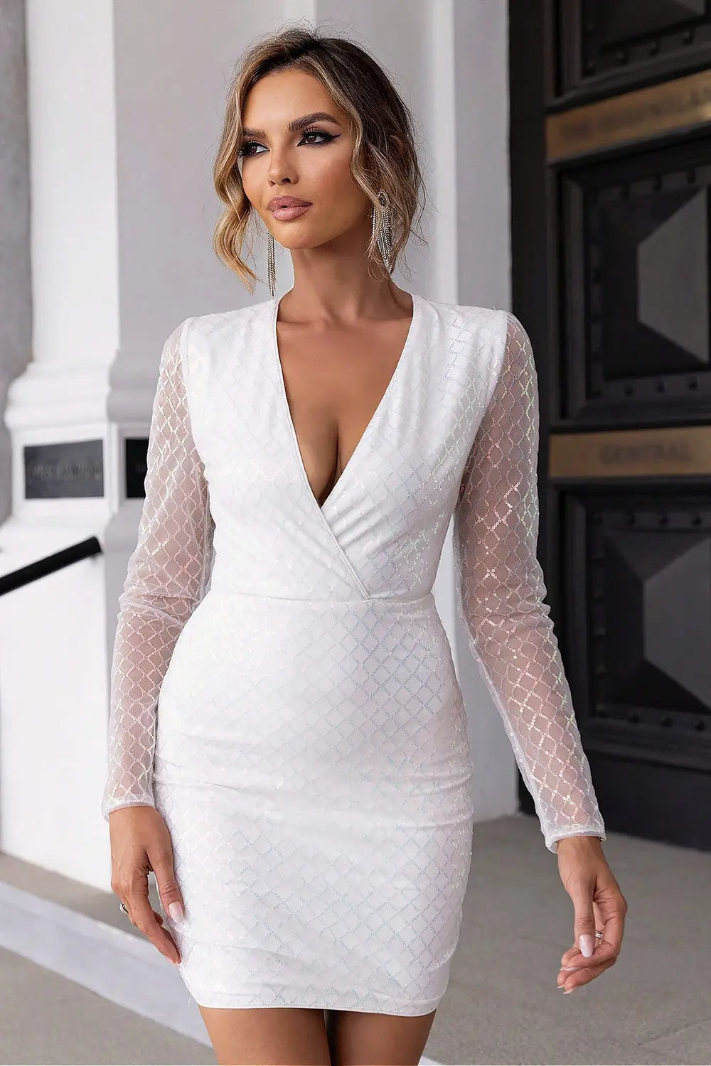 Cutout Sequin Mesh Mini Dress White Fitggins
