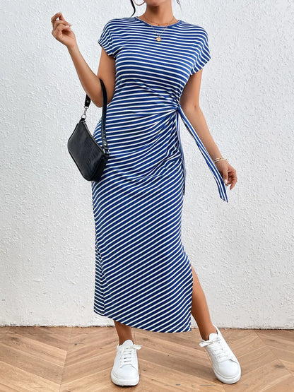 Honey Tied Striped Round Neck Short Sleeve Tee Dress Dusty Blue Fitggins
