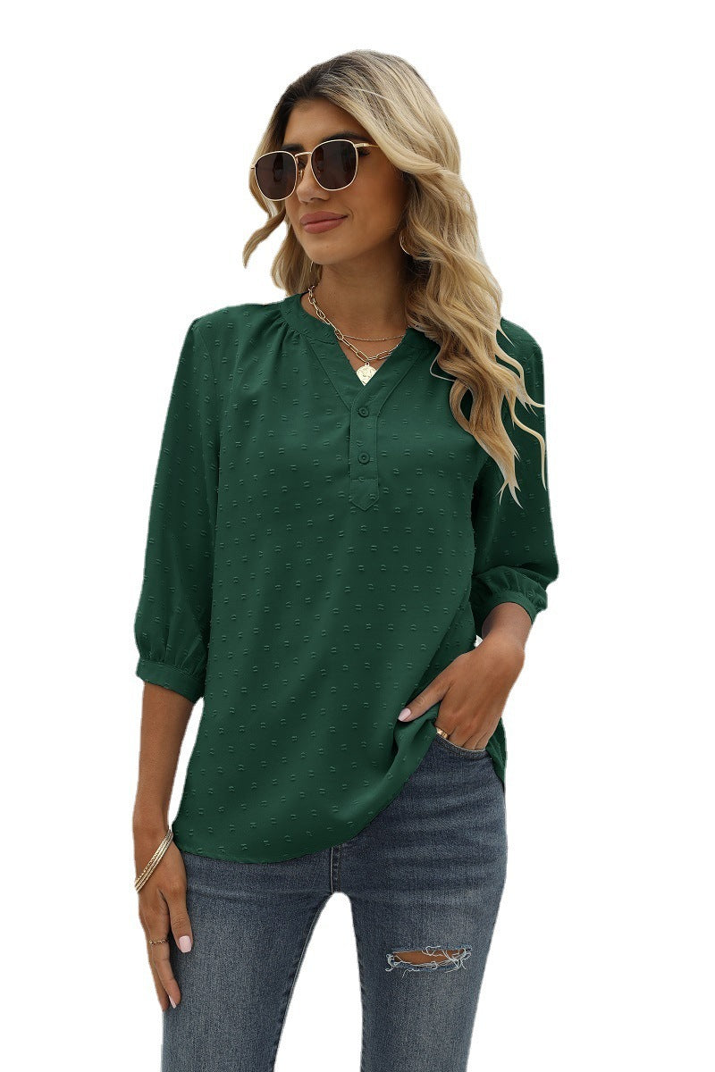 Swiss Dot Notched Neck Three-Quarter Sleeve Blouse Fitggins
