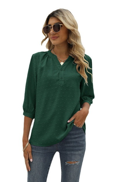 Swiss Dot Notched Neck Three-Quarter Sleeve Blouse Fitggins