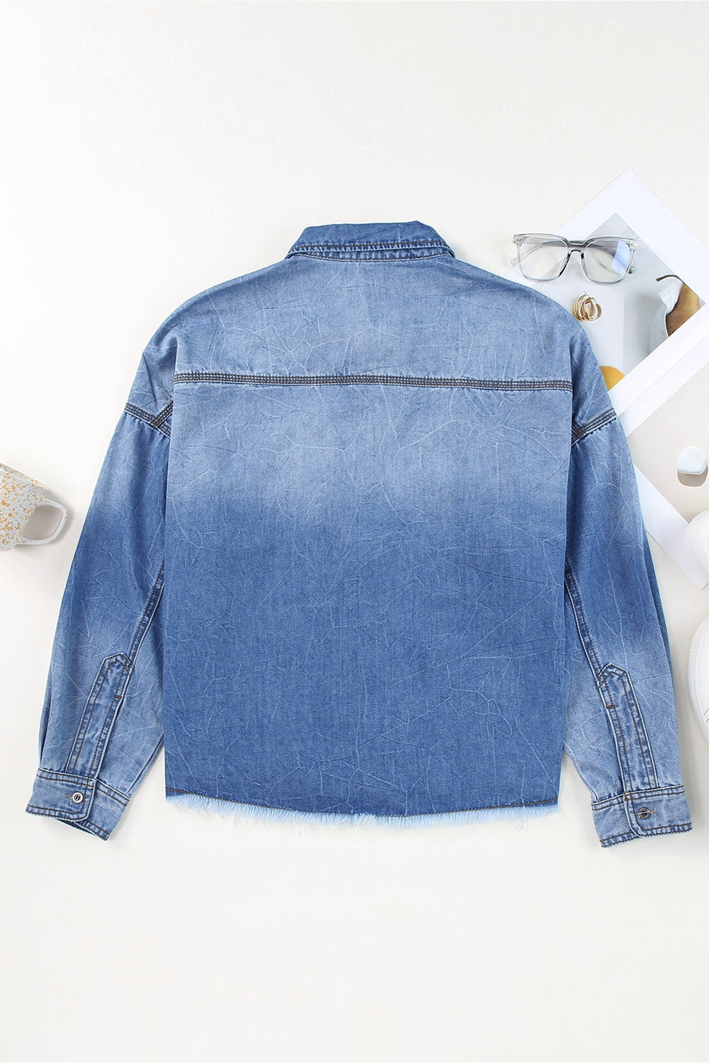 Raw Hem Sequin Football Long Sleeve Denim Jacket - Denim Jackets - FITGGINS