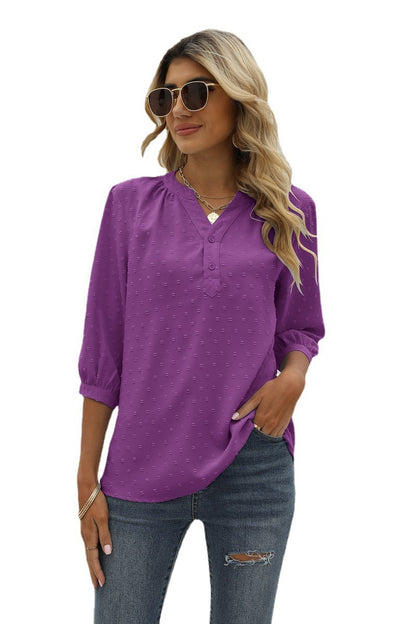 Swiss Dot Notched Neck Three-Quarter Sleeve Blouse Fitggins