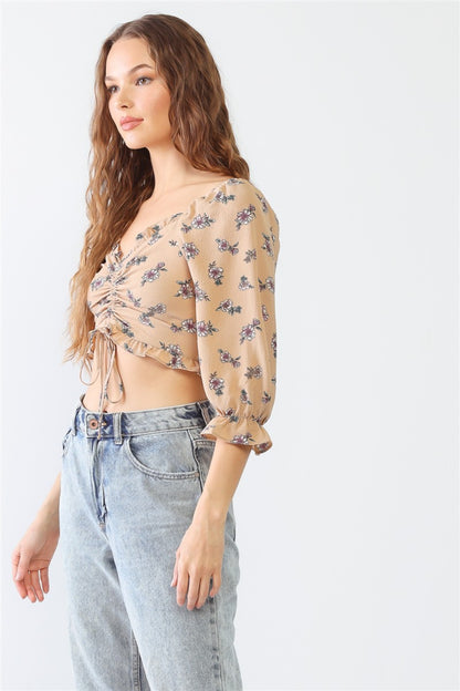 Miss Love / Kevin Co. Floral Ruffle Smocked Back Ruched Crop Top - Shirts - FITGGINS