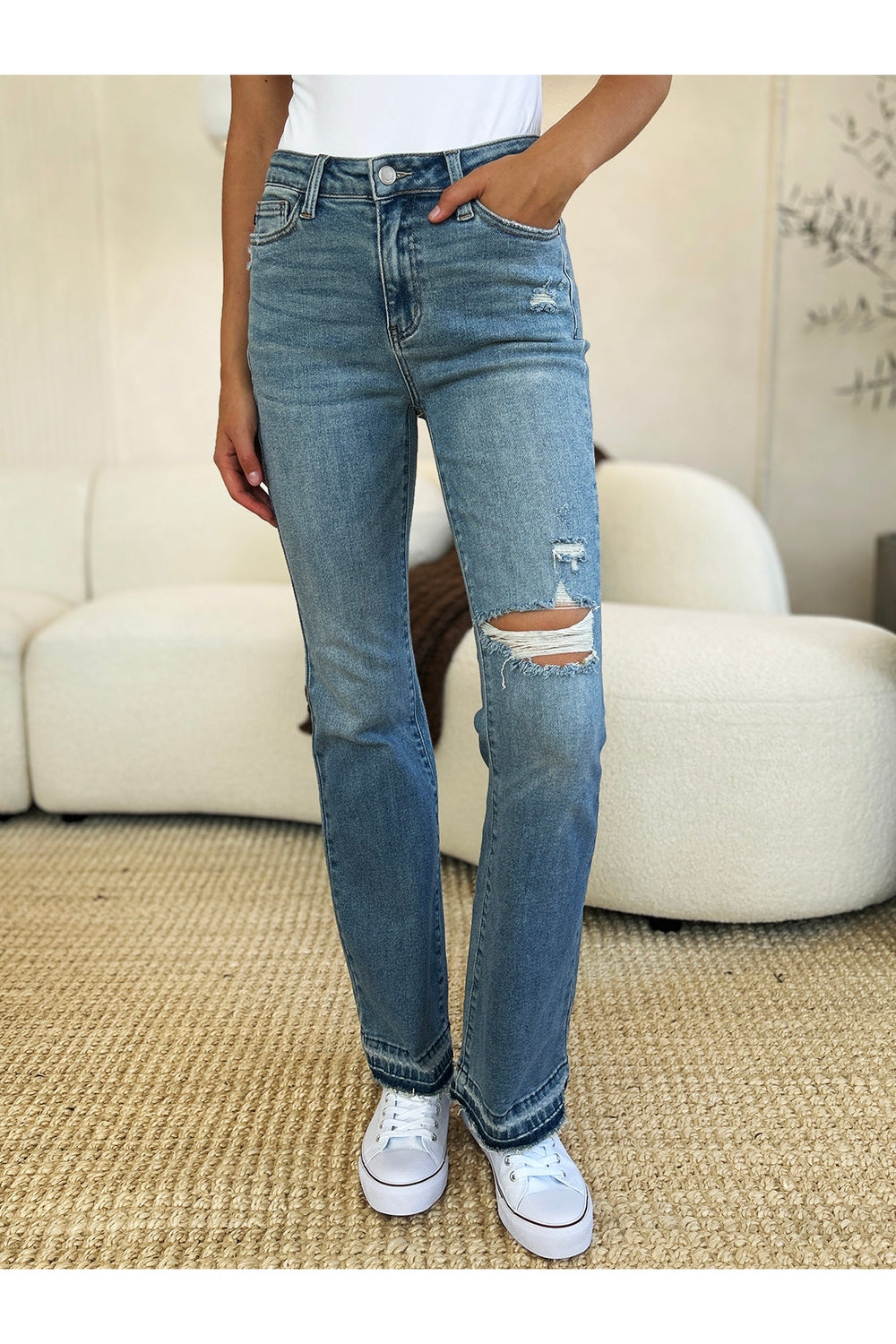 Judy Blue Full Size Mid Rise Destroyed Hem Distressed Jeans - Jeans - FITGGINS