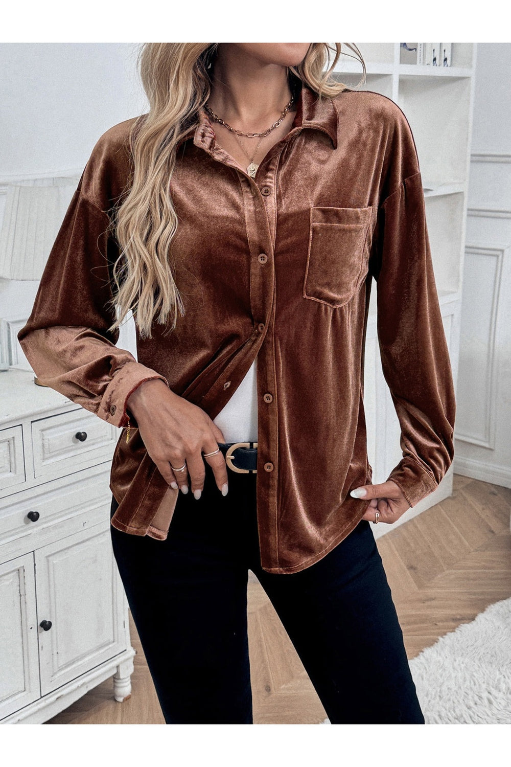 Perfee Button Up Long Sleeve Shirt - Shirts - FITGGINS