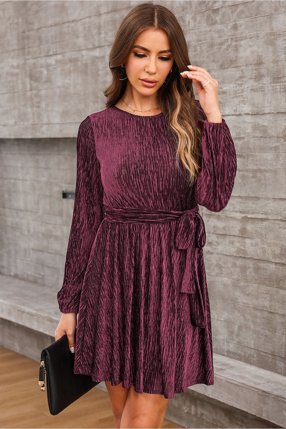 Round Neck Tie Front Long Sleeve Dress - Casual & Maxi Dresses - FITGGINS