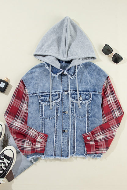 Raw Hem Drawstring Plaid Denim Jacket - Denim Jackets - FITGGINS