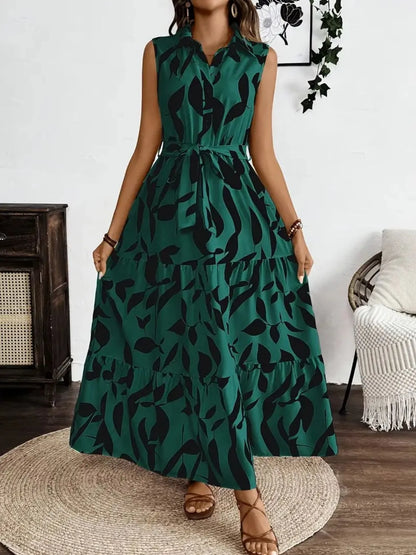 Printed Tie Waist Sleeveless Maxi Dress Dark Green Fitggins