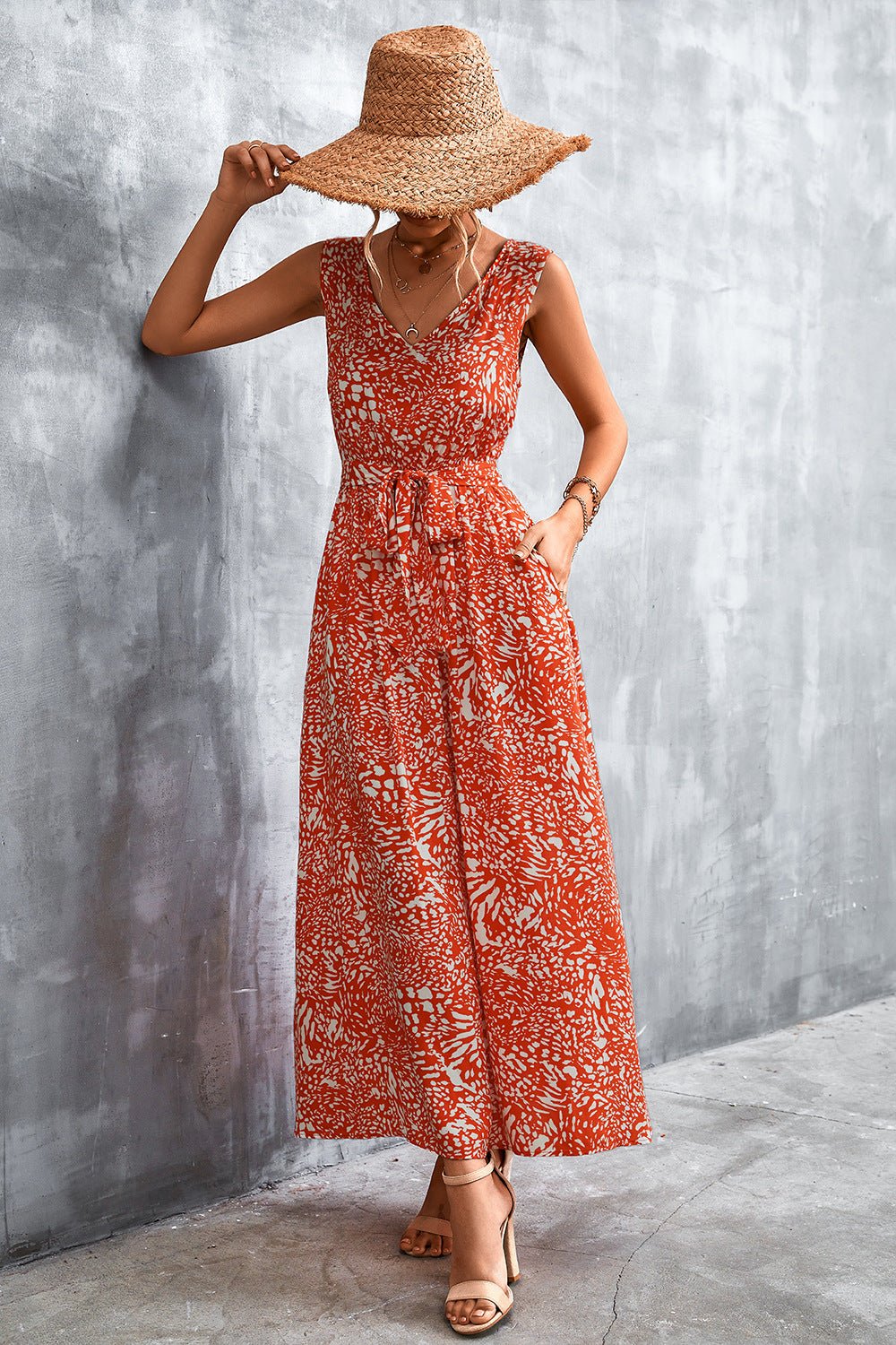 Printed V-Neck Tie Waist Maxi Dress - Casual & Maxi Dresses - FITGGINS