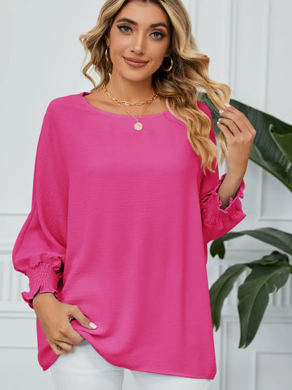 Smocked Lantern Sleeve Round Neck Blouse Hot Pink Fitggins