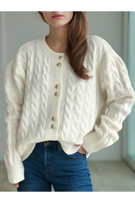 Cable-Knit Round Neck Long Sleeve Cardigan - Cardigans - FITGGINS