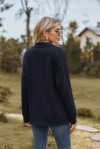 Collared Neck Cable-Knit Long Sleeve Blouse Fitggins