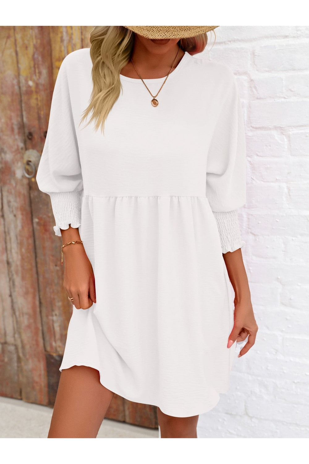 Round Neck Lantern Sleeve Mini Dress - Casual & Maxi Dresses - FITGGINS