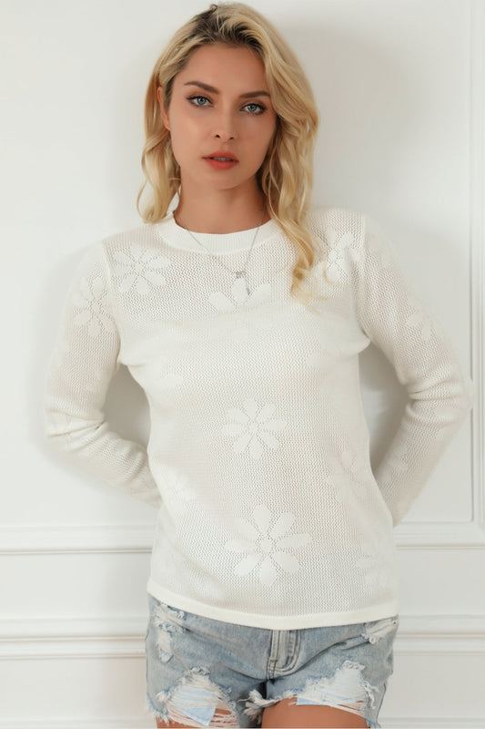 Floral Eyelet Round Neck Long Sleeve Knit Top - Pullover Sweaters - FITGGINS