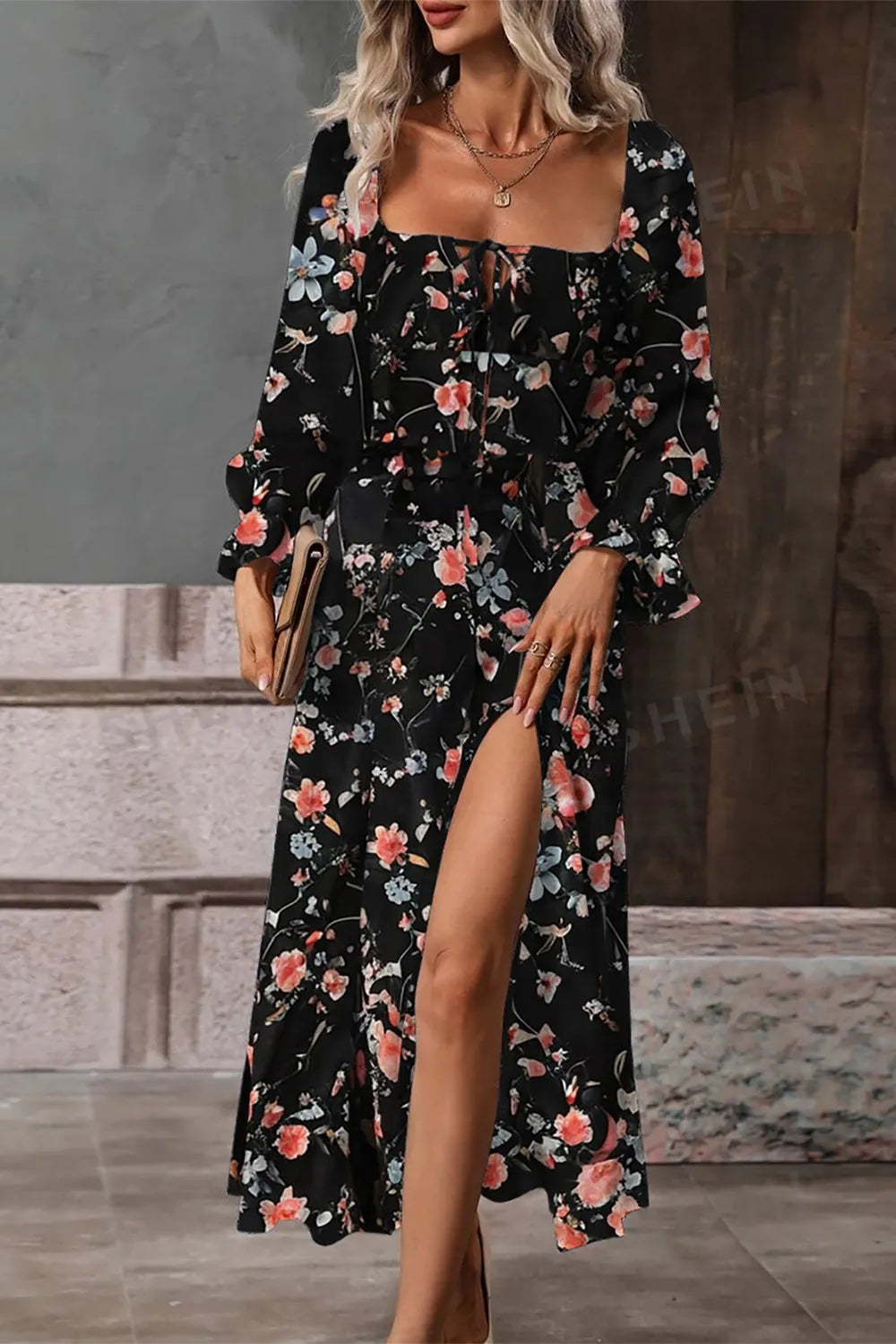Floral Print Flounce Sleeve Midi Dress Black Fitggins