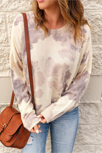 Tie-Dye Distressed Round Neck Sweater - Pullover Sweaters - FITGGINS