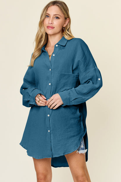 Double Take Full Size Pocketed Texture Button Up Shirt - Shirts - FITGGINS