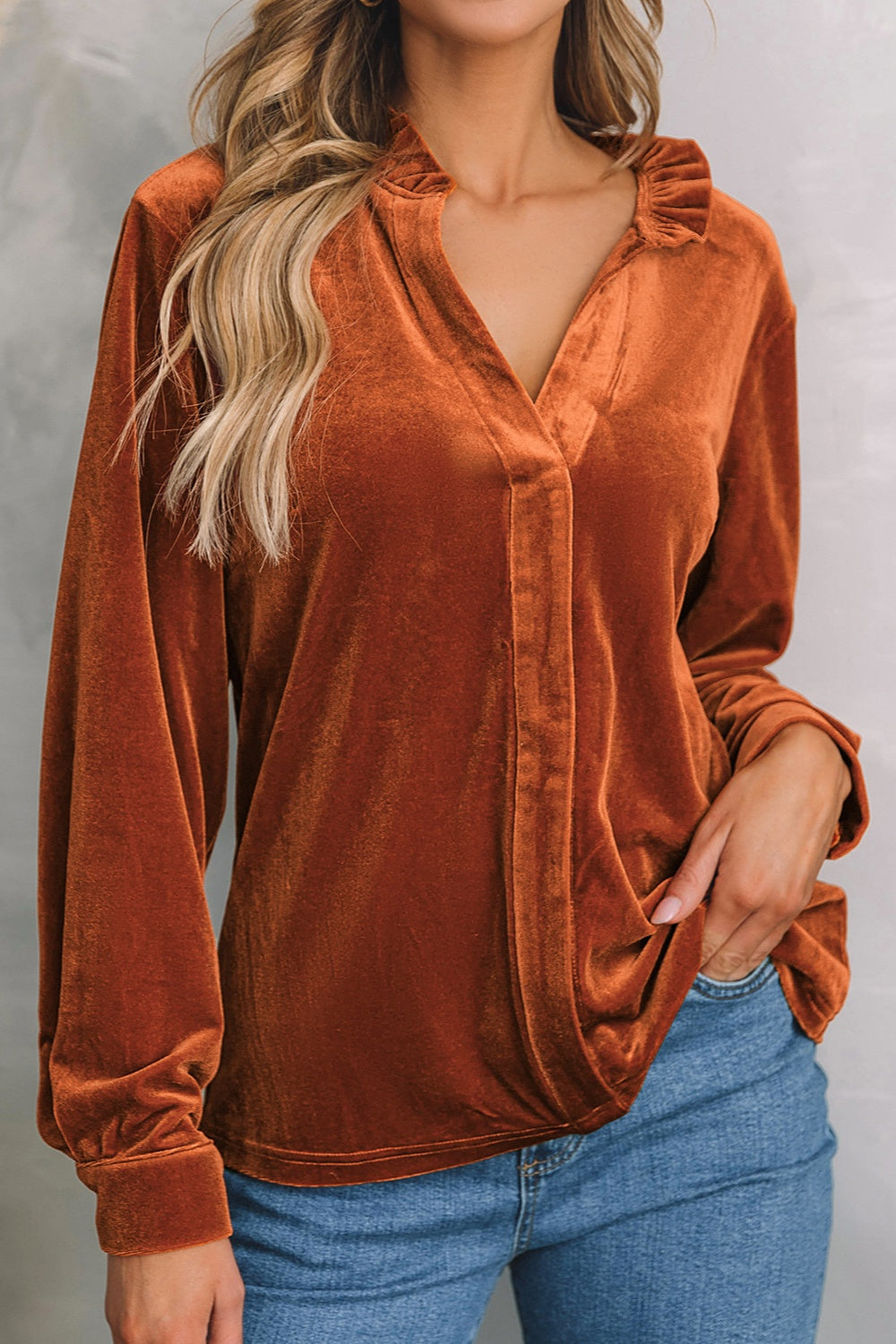 Notched Frill Detail Long Sleeve Blouse - Blouses - FITGGINS