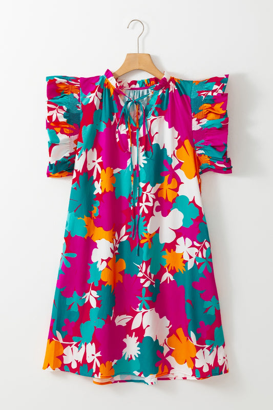 Ruffled Printed Cap Sleeve Mini Dress - Casual & Maxi Dresses - FITGGINS