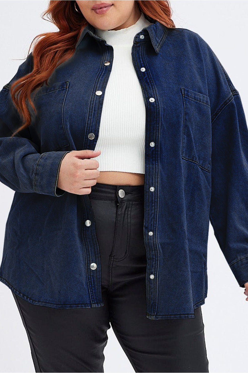 Plus Size Snap Down Pocketed Denim Jacket - Denim Jackets - FITGGINS