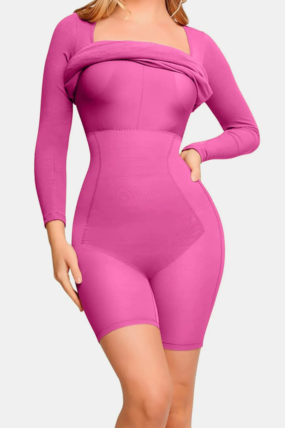 Basic Bae Full Size Built-In Shapewear Square Neck Long Sleeve Dress Fitggins