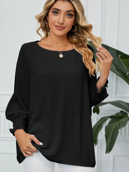 Smocked Lantern Sleeve Round Neck Blouse Black Fitggins