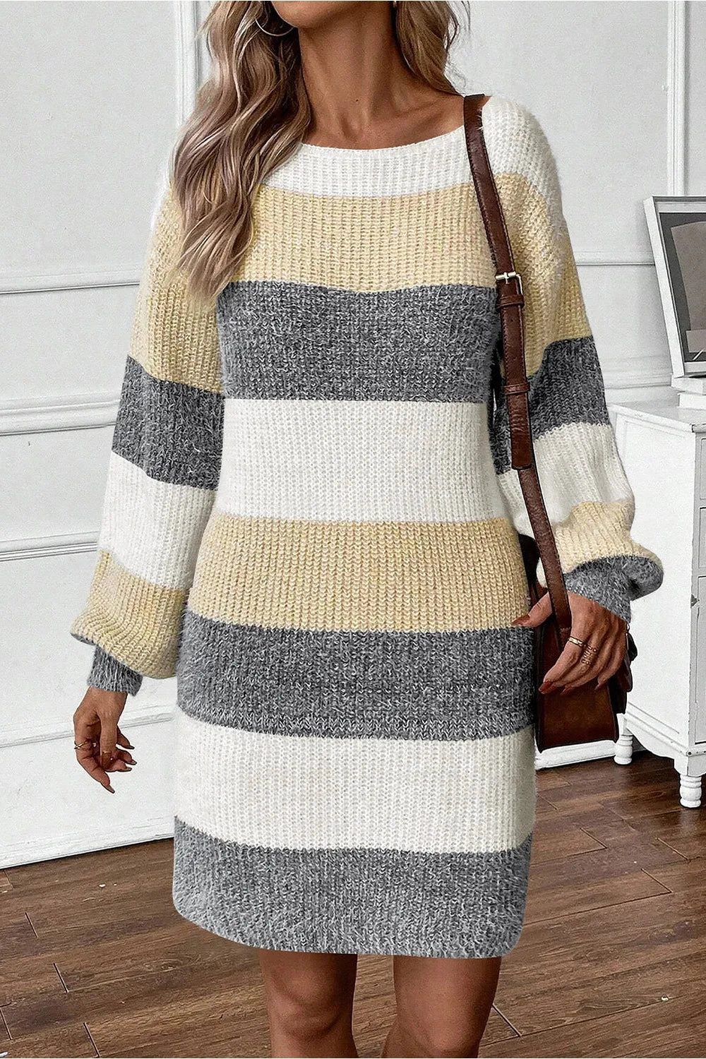 Color Block Boat Neck Long Sleeve Sweater Dress - Sweater Dresses - FITGGINS