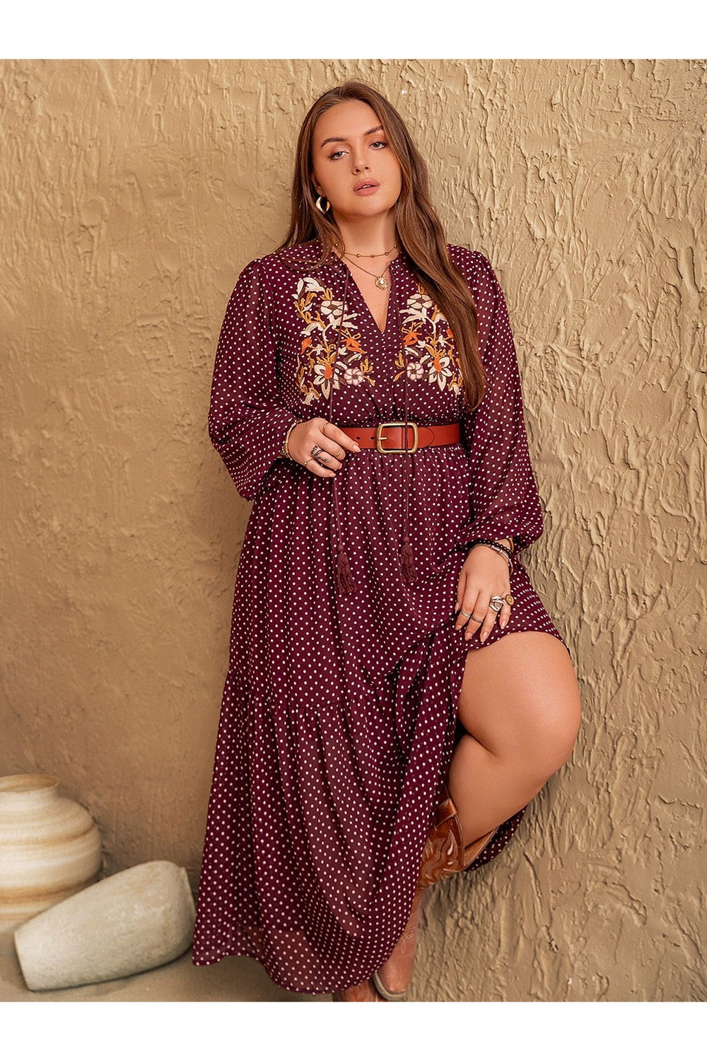 Plus Size Embroidered Polka Dot Tie Neck Long Sleeve Midi Dress - Casual & Maxi Dresses - FITGGINS