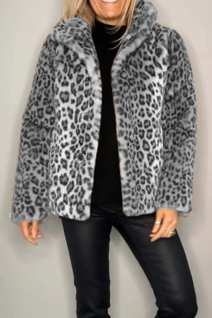 Full Size Leopard Furry Collared Neck Long Sleeve Coat - Jackets - FITGGINS