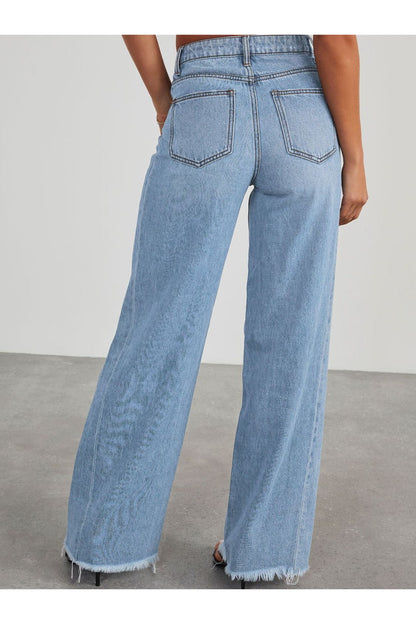 Raw Hem Wide Leg Jeans with Pockets - Jeans - FITGGINS