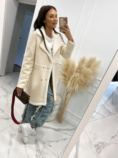 Lapel Collar Exposed Seam Buttoned Coat Cream Fitggins