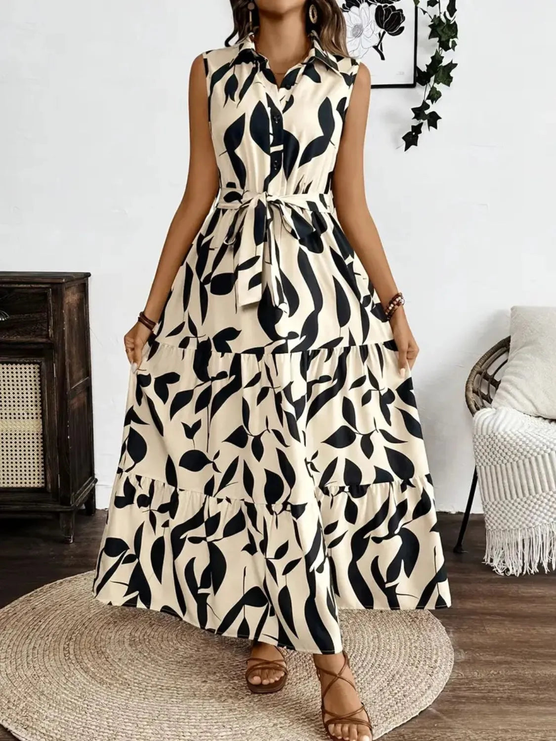 Printed Tie Waist Sleeveless Maxi Dress Fitggins