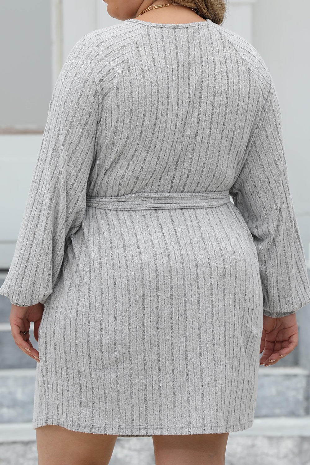 Plus Size Ribbed Tie Front Long Sleeve Sweater Dress - Sweater Dresses - FITGGINS