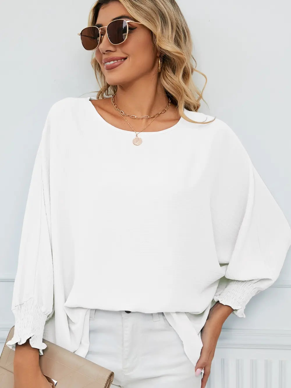 Smocked Lantern Sleeve Round Neck Blouse Fitggins