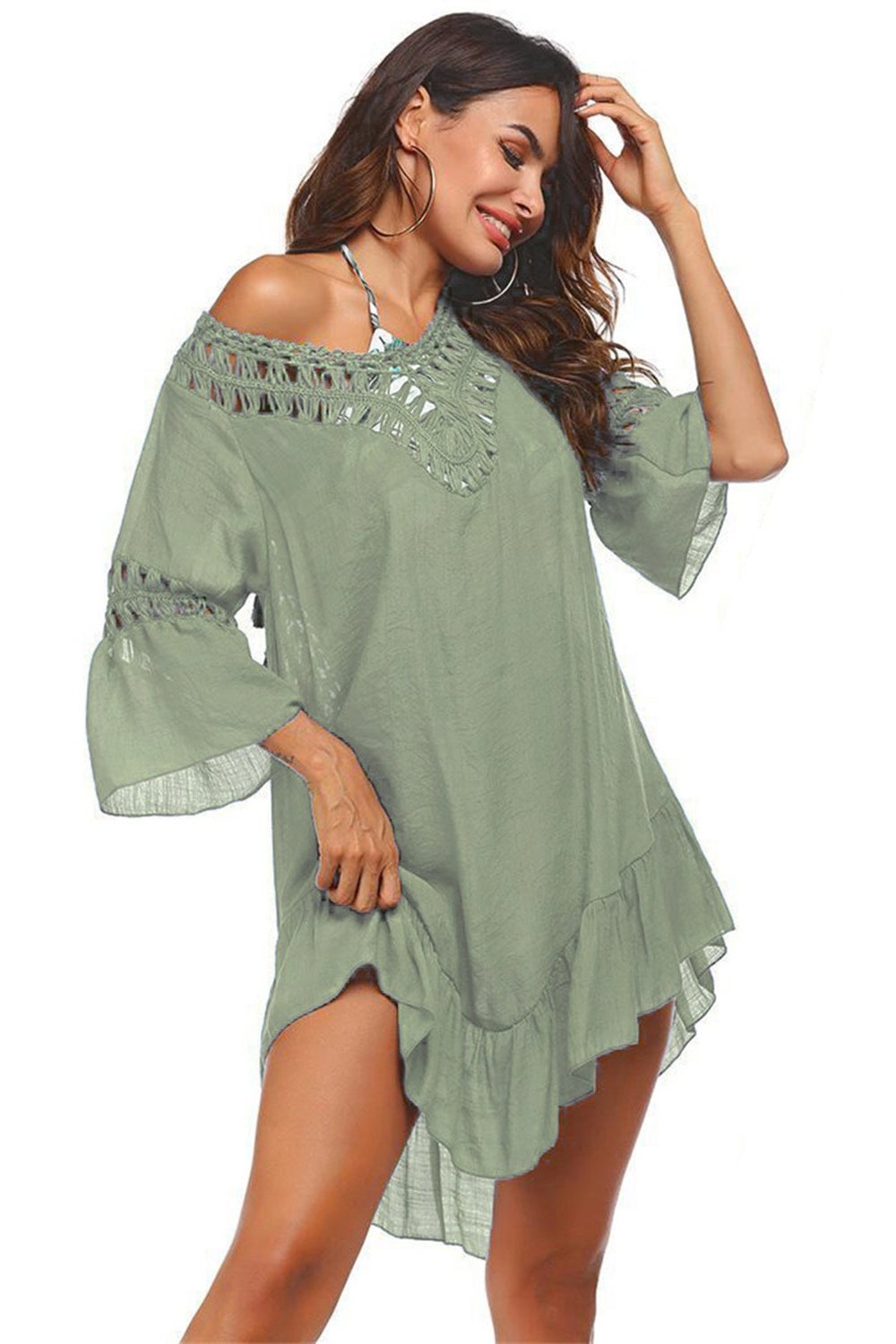 Backless Cutout Three-Quarter Sleeve Cover Up - Cover-Ups - FITGGINS