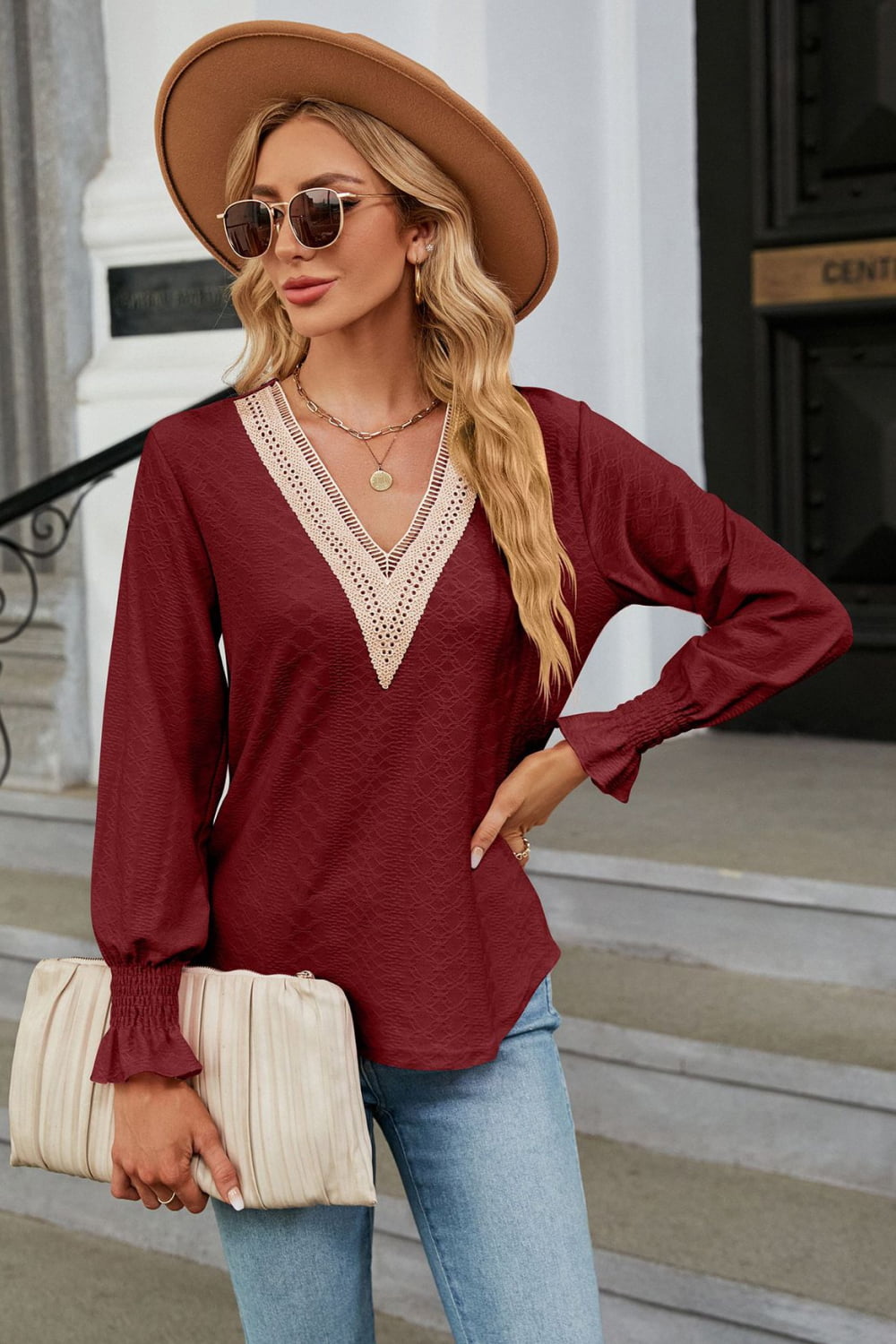 V-Neck Flounce Sleeve Blouse Fitggins