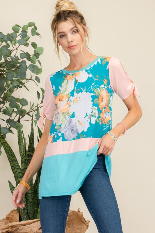 Celeste Full Size Open Tie Sleeve Floral Contrast Top - Shirts - FITGGINS