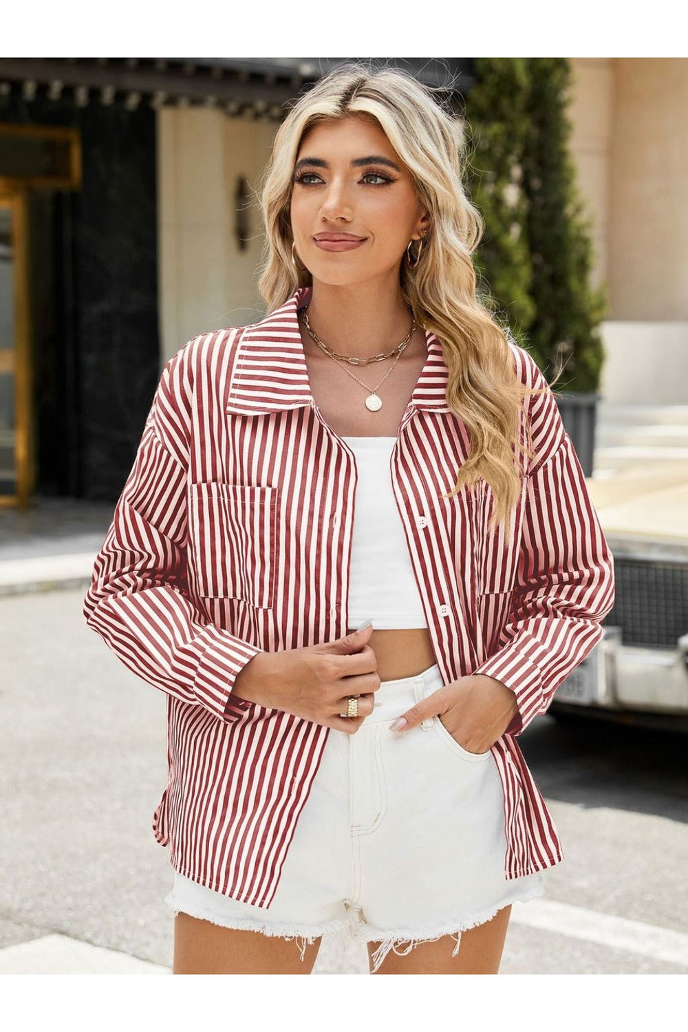 Striped Button Up Long Sleeve Shirt - Shirts - FITGGINS