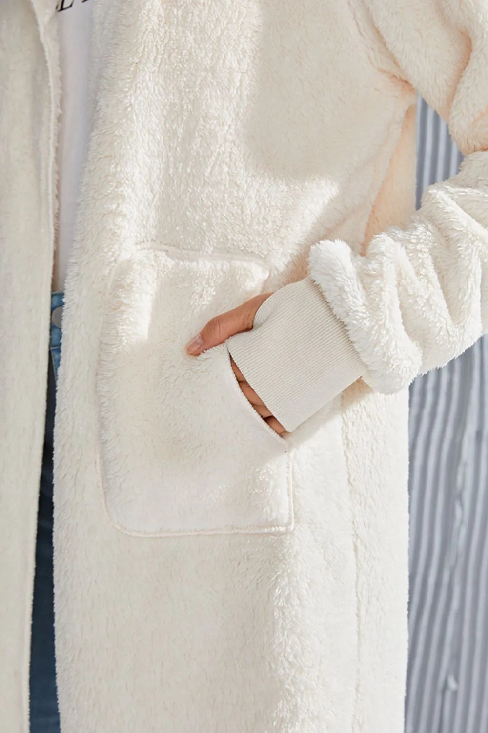 Double Take Full Size Hooded Teddy Bear Jacket with Thumbholes Fitggins