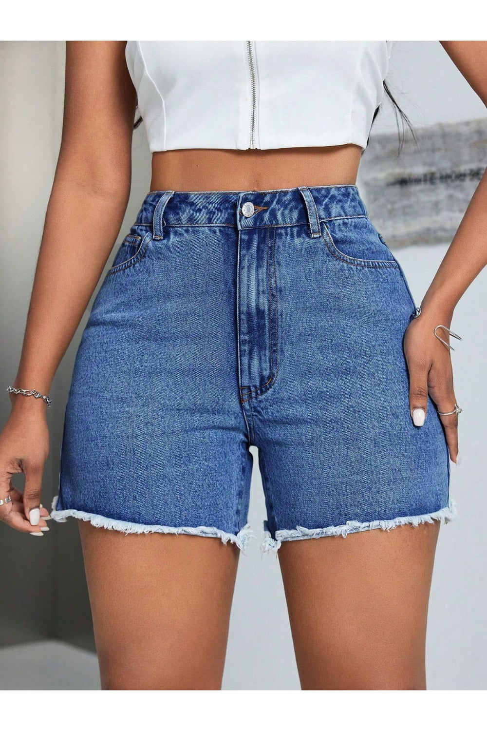 Raw Hem High Waist Denim Shorts - Denim Shorts - FITGGINS