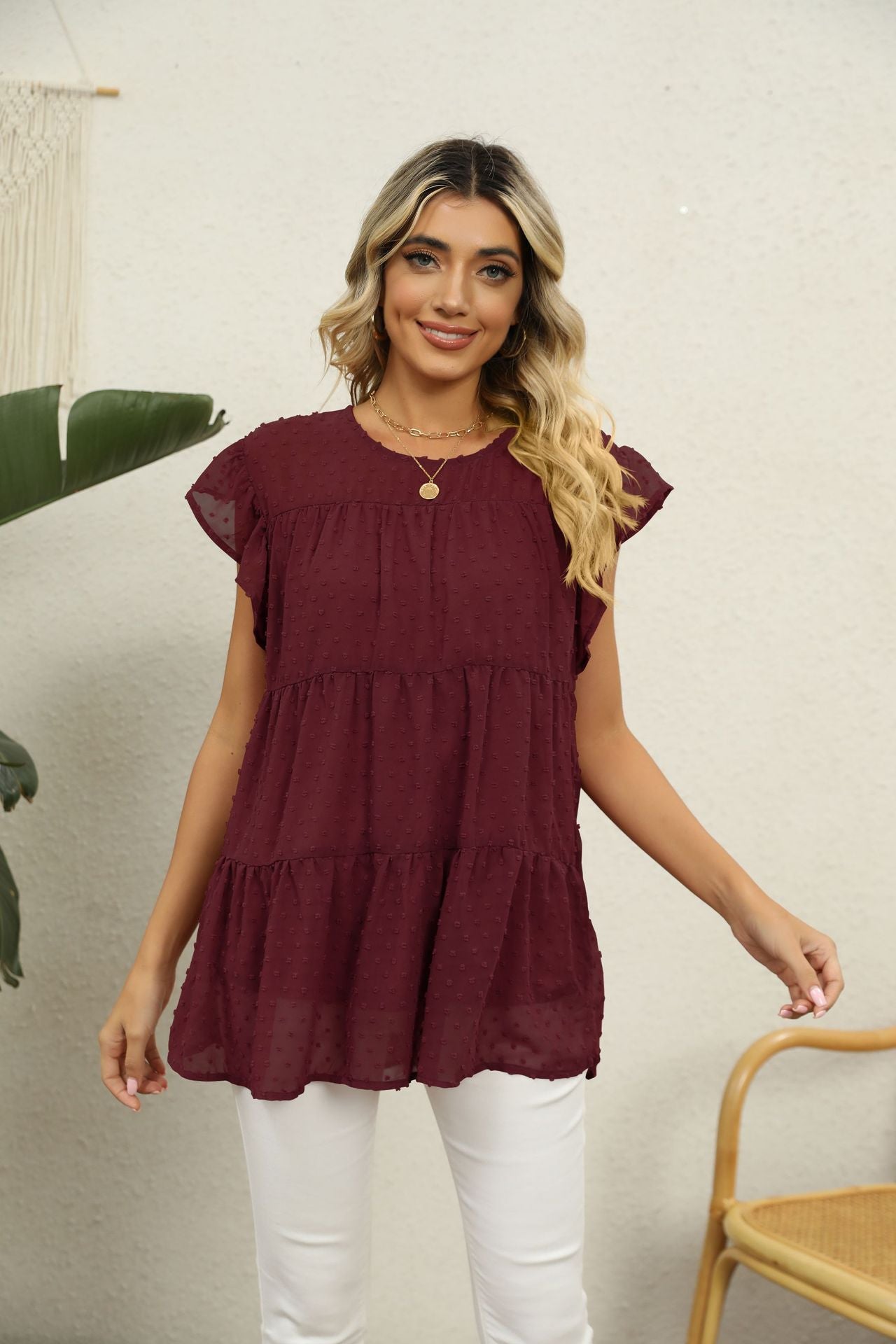 Swiss Dot Round Neck Tiered Blouse Wine Fitggins