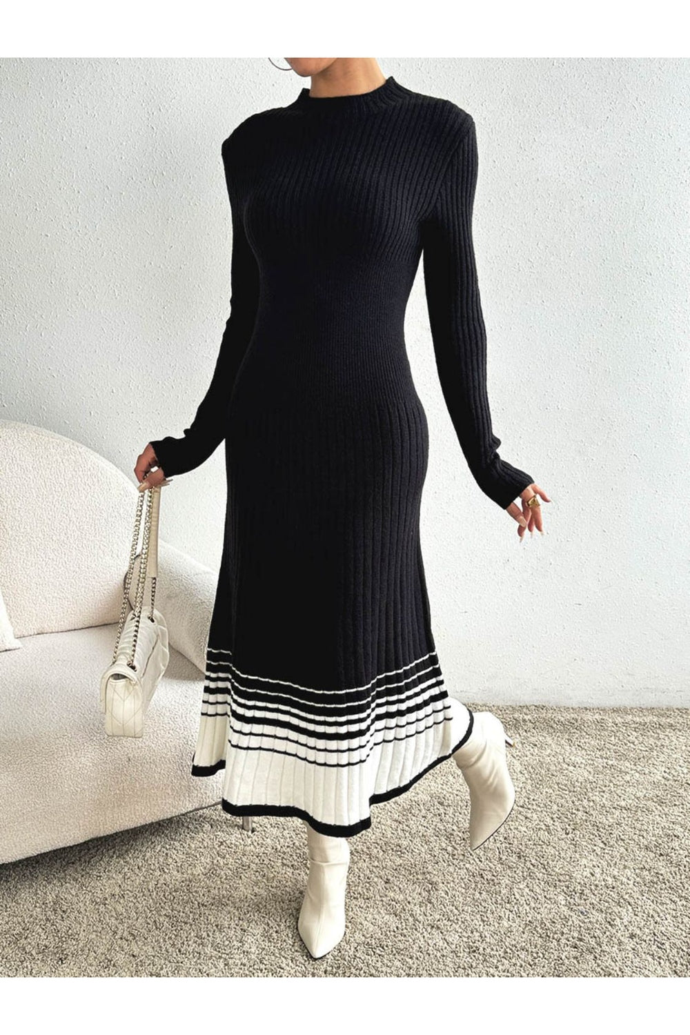 Contrast Mock Neck Long Sleeve Sweater Dress - Sweater Dresses - FITGGINS