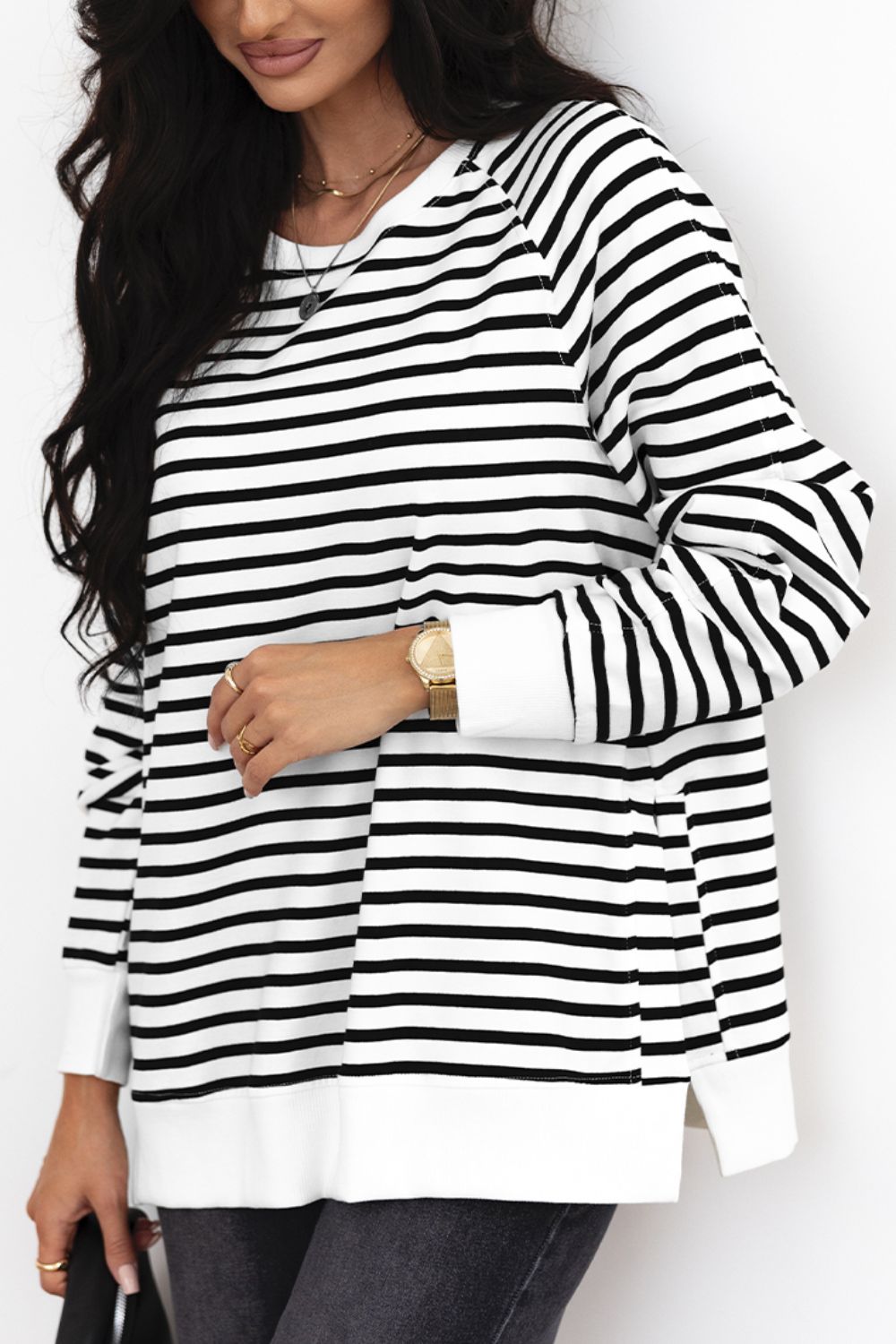 Side Slit Stripe Raglan Sleeve Sweatshirt - Sweatshirts & Hoodies - FITGGINS