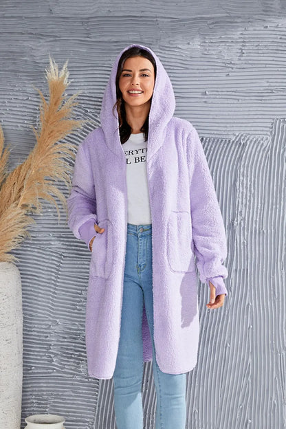 Double Take Full Size Hooded Teddy Bear Jacket with Thumbholes Fitggins