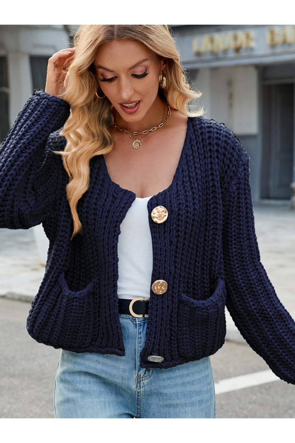 Round Neck Button Up Cardigan with Pockets - Cardigans - FITGGINS