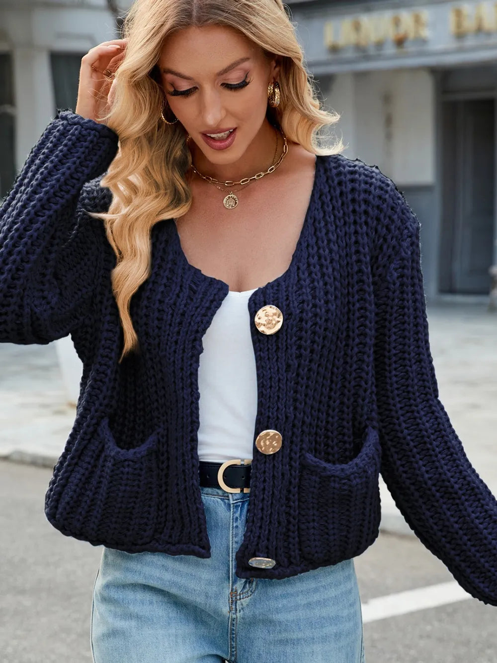 Round Neck Button Up Cardigan with Pockets Fitggins