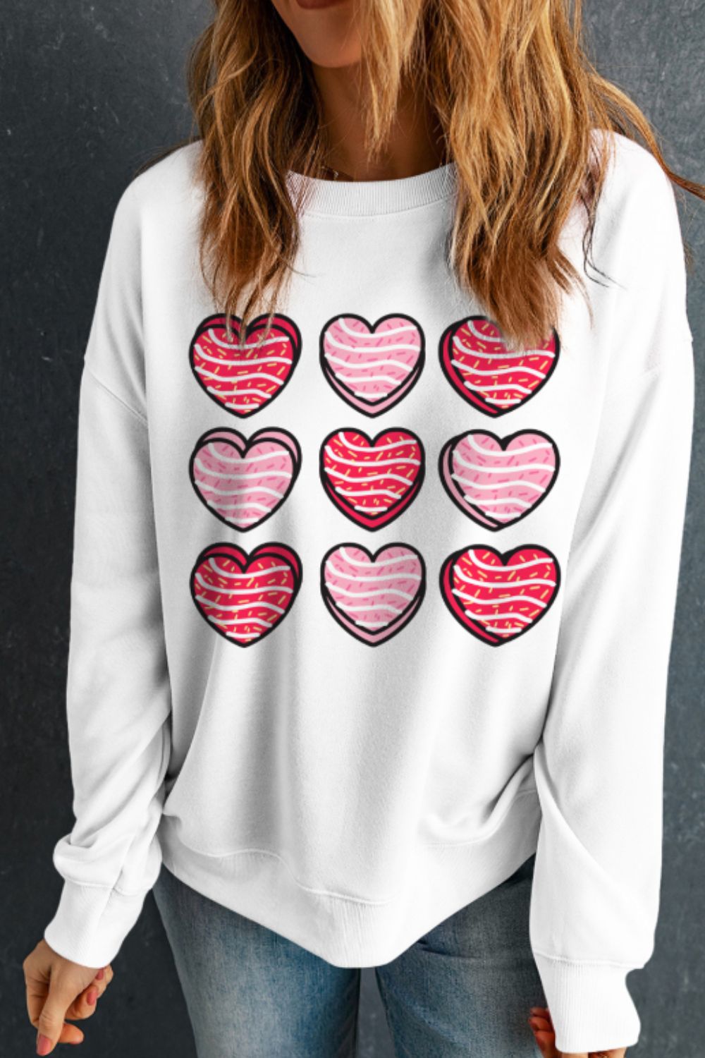 Valentine's Day Heart Round Neck Long Sleeve Sweatshirt - Sweatshirts & Hoodies - FITGGINS