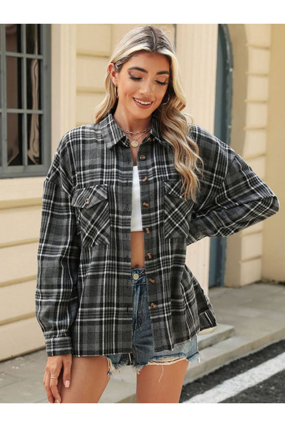 Pocketed Plaid Collared Neck Long Sleeve Shirt - Shirts - FITGGINS