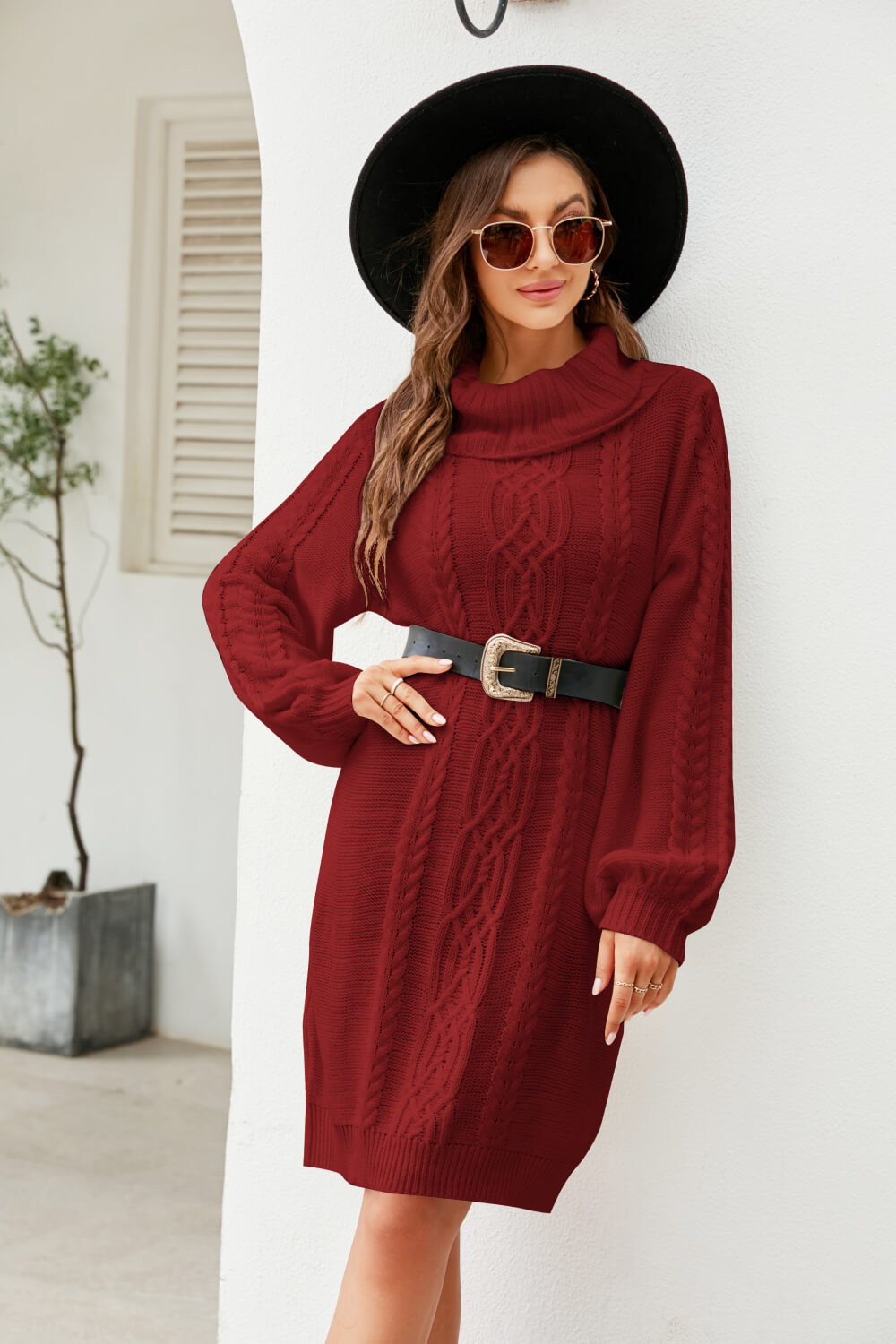 Woven Right Mixed Knit Turtleneck Lantern Sleeve Sweater Dress - Sweater Dresses - FITGGINS