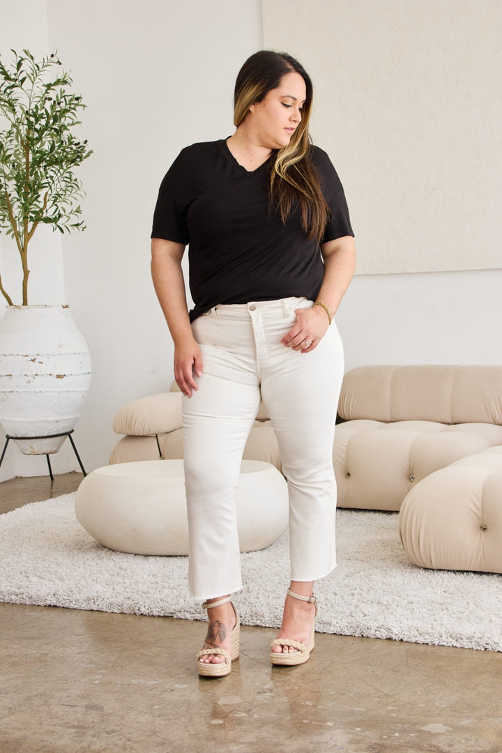 RFM Mini Mia Full Size Tummy Control High Waist Raw Hem Jeans - Jeans - FITGGINS